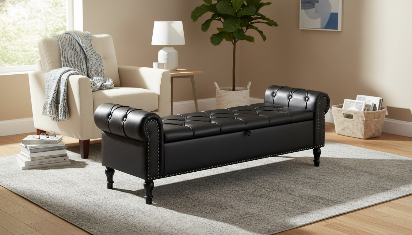 67-Inch Leather Storage Ottoman Bench with Arms Guide