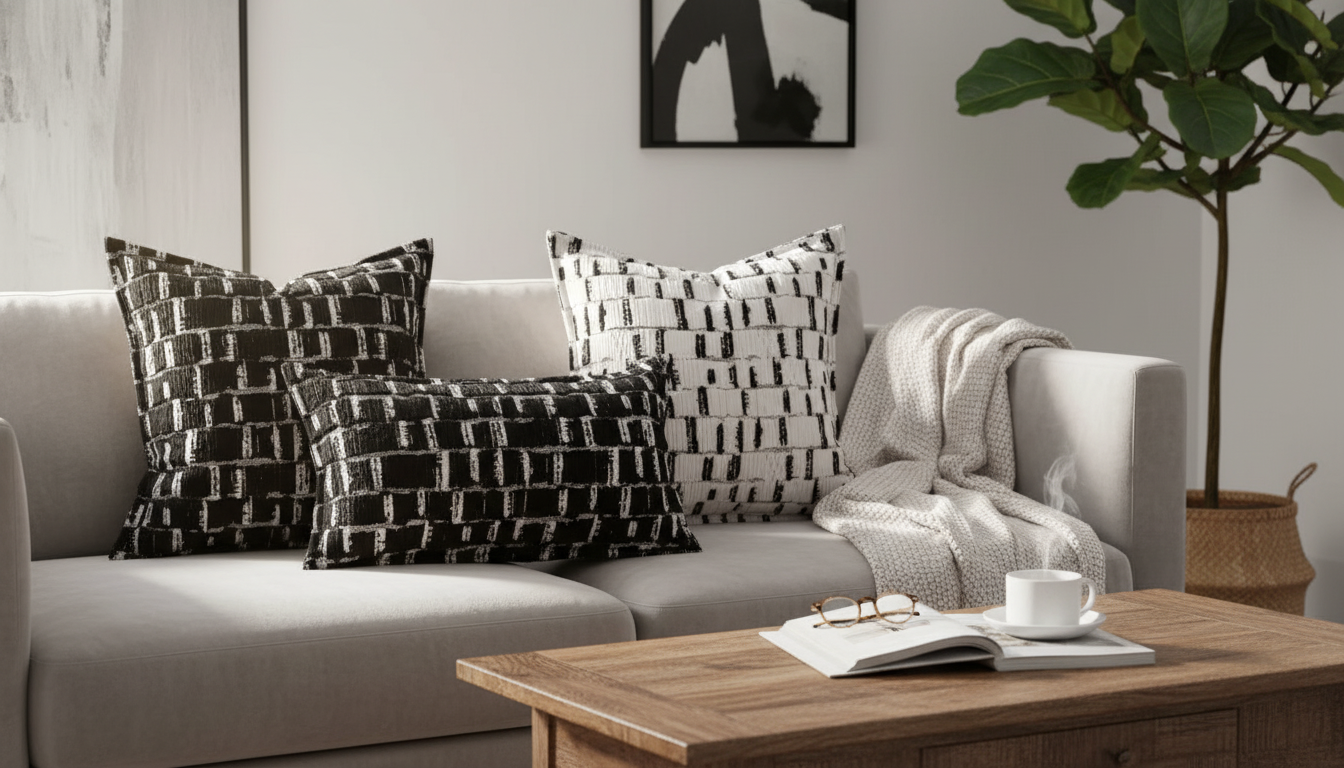 Cozy Black & White Plaid Plush Cushion Cover (18x18)