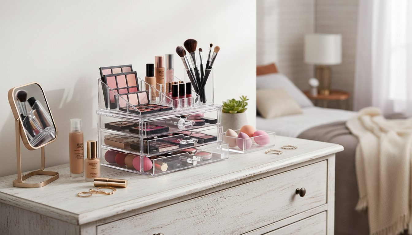 Clear Makeup Drawer Organizer with Brush Holder Guide