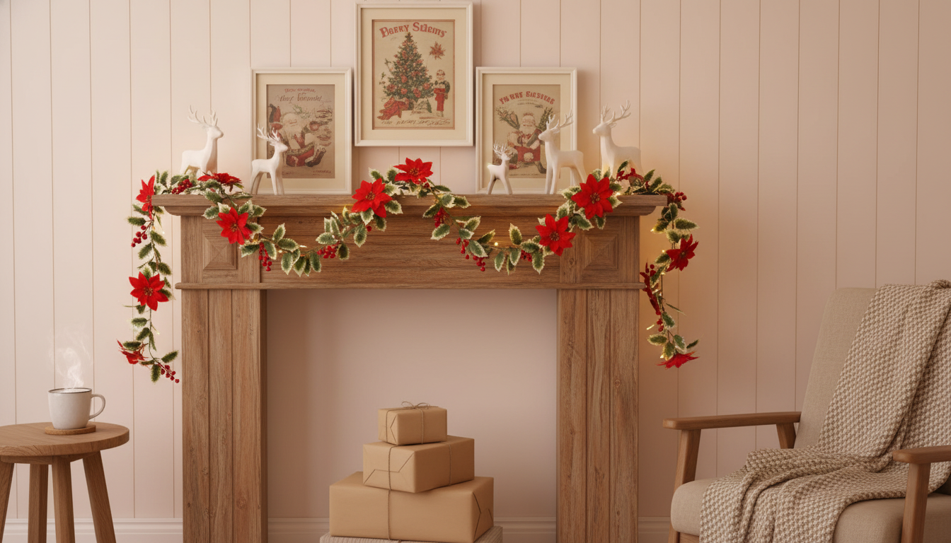 Poinsettia & Berry LED Garland Lights: Cozy Holiday Glow
