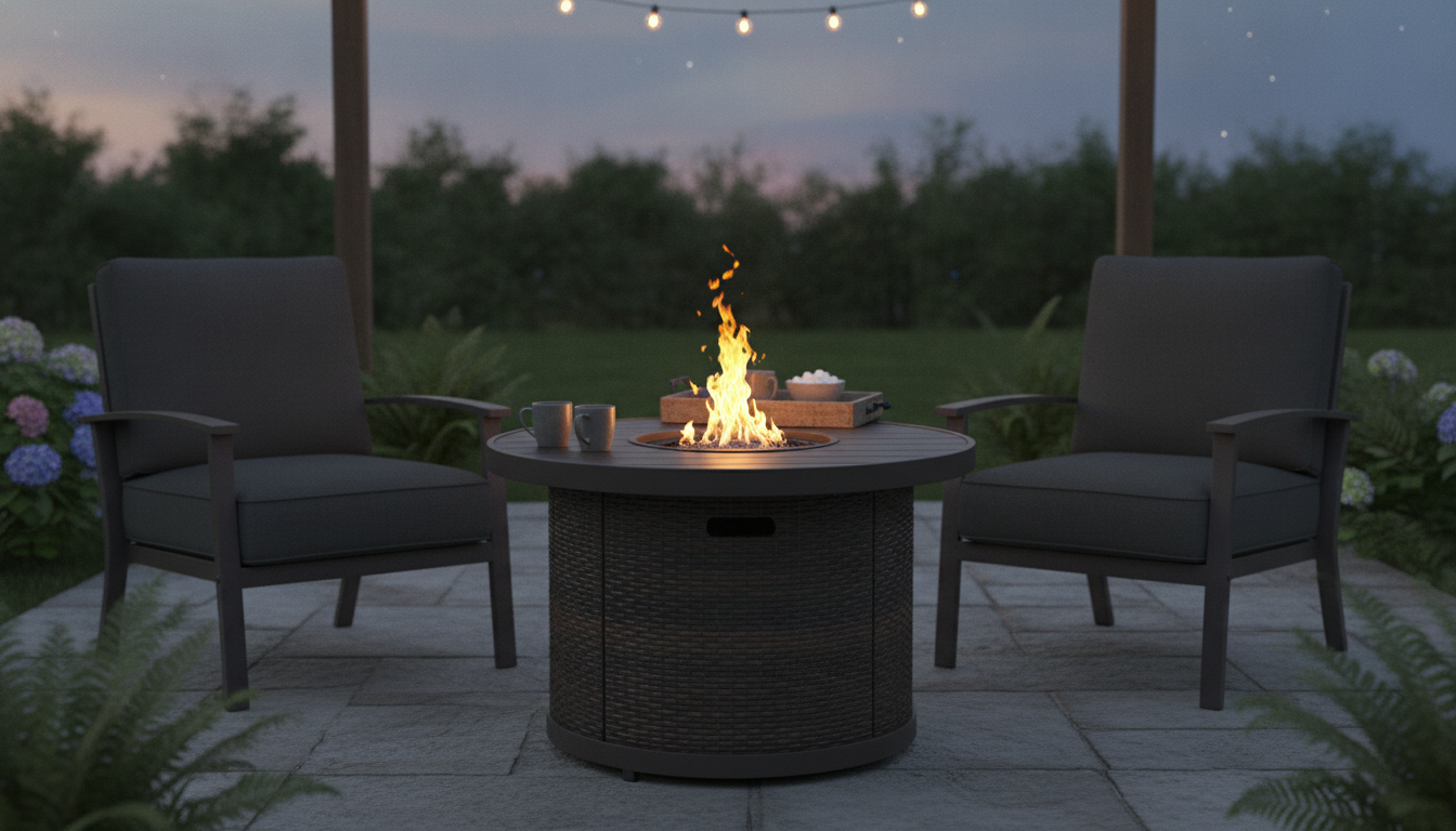 32in Round Wicker Propane Fire Pit Table, 50,000 BTU