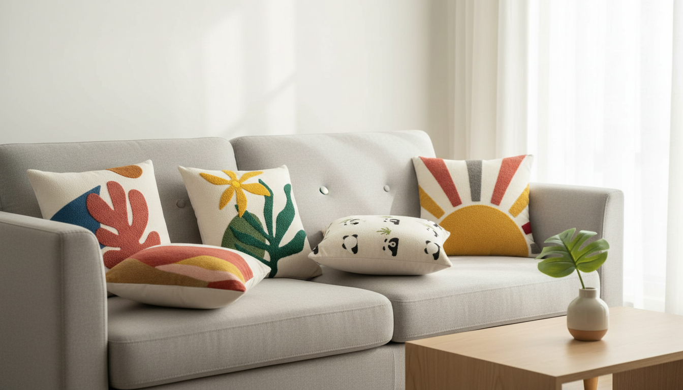 Playful Velvet Cushion Cover with Raised Embroidery