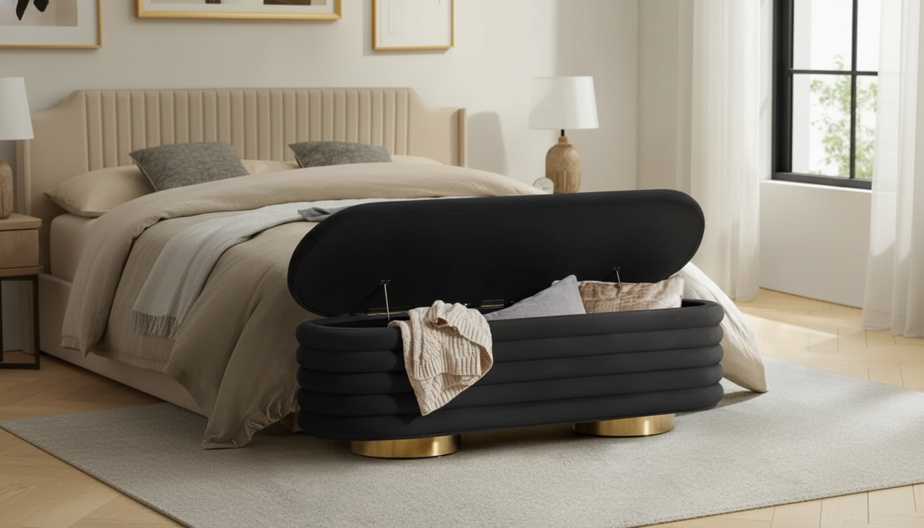Tufted Velvet Storage Ottoman Bench with Gold Legs