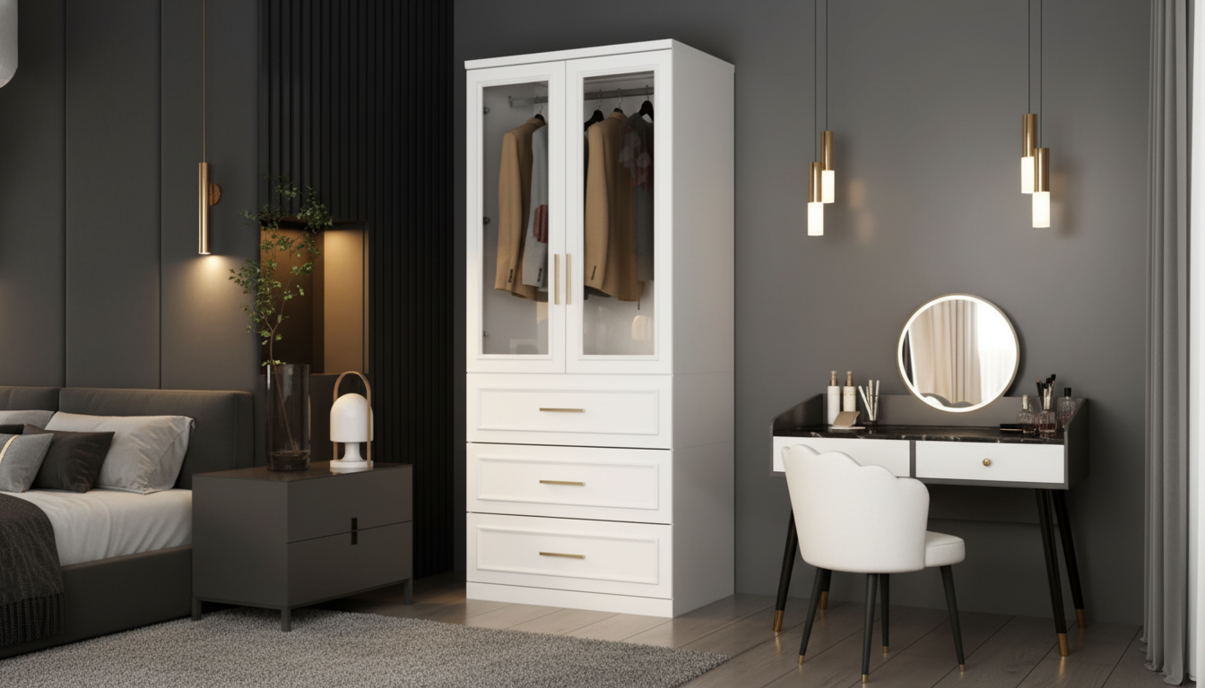 White Glass-Door Armoire: Hanging Rod + 3 Drawers
